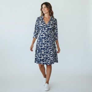 Laundry by Design Blue White Abstract Tiger Print Wrap Dress Collared Large